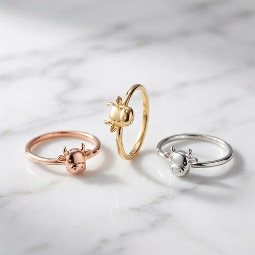 Delicado anillo minimalista de oro amarillo macizo con forma de vaca y diseño de animal de granja.