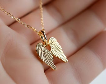 Gold Angel Charm Necklace Yellow Gold Angel Wings Pendant Angel Necklace Solid Gold Minimalist Angel Wings Charm Dainty Anchor Charm