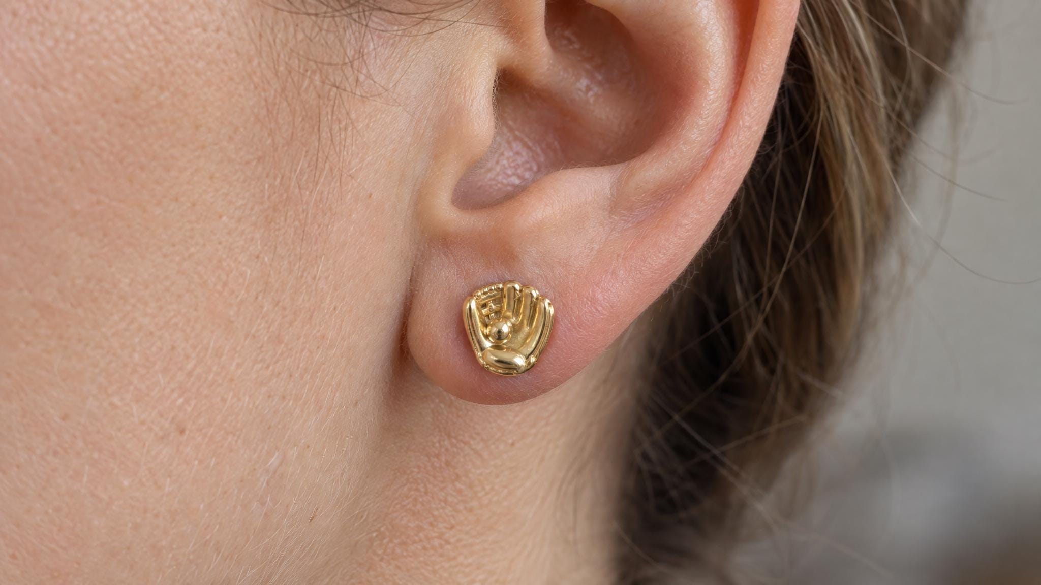 14k Solid Gold Baseball Glove Earrings: Sports Jewelry Studs in Yellow Gold, Rose, White, or Silver