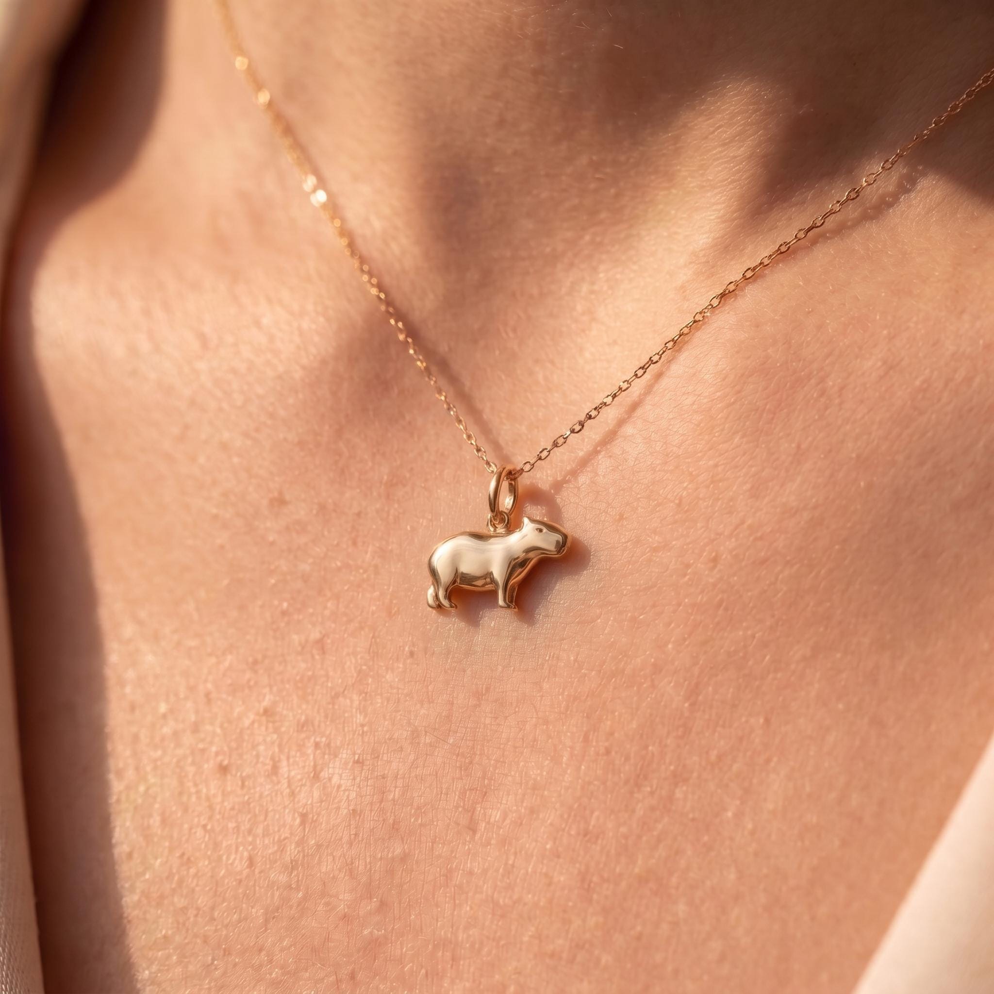 Solid Gold Capybara Charm Pendant in Yellow, Rose, or White Gold