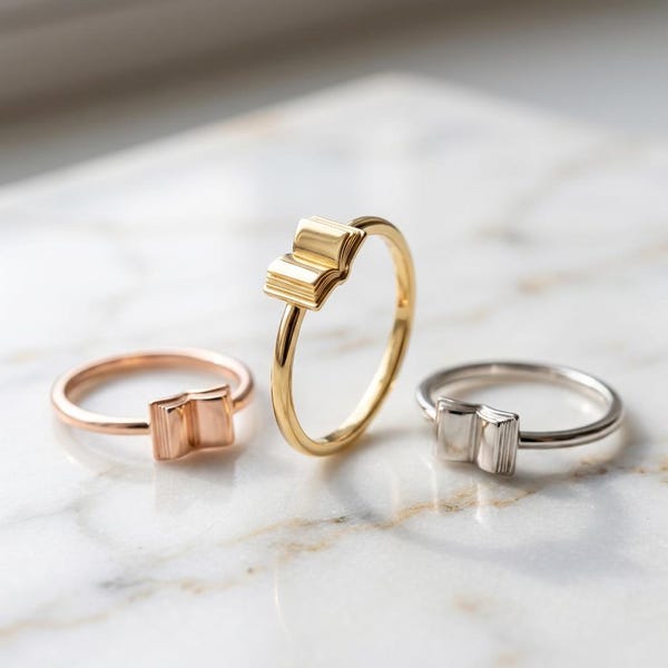 Solid Yellow Gold Minimalist Open Book Ring Dainty Reader Jewelry