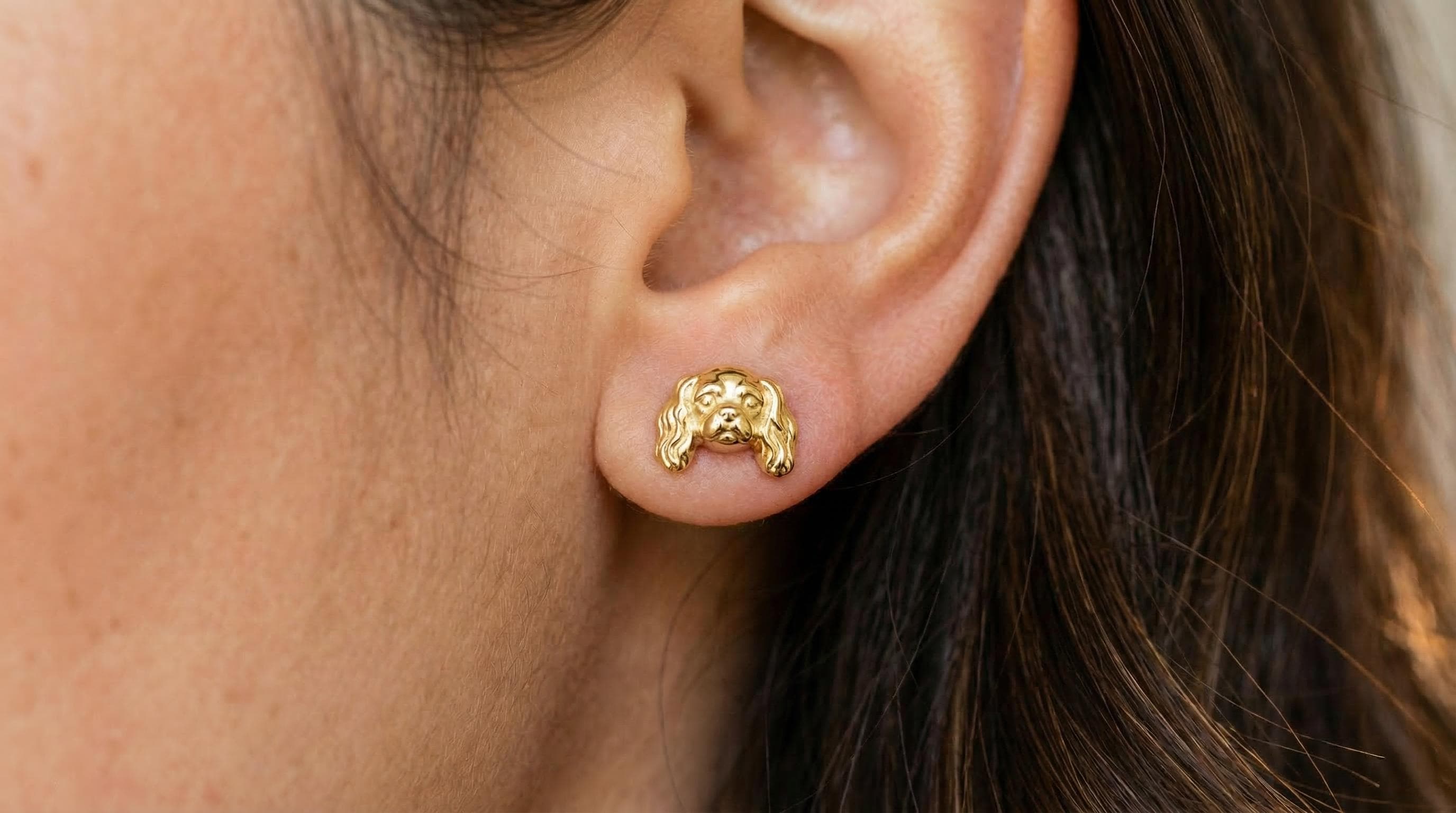 14k Solid Gold Cavalier Spaniel Earrings: King Charles Spaniel Jewelry Studs in Yellow Gold, Rose, White, or Silver