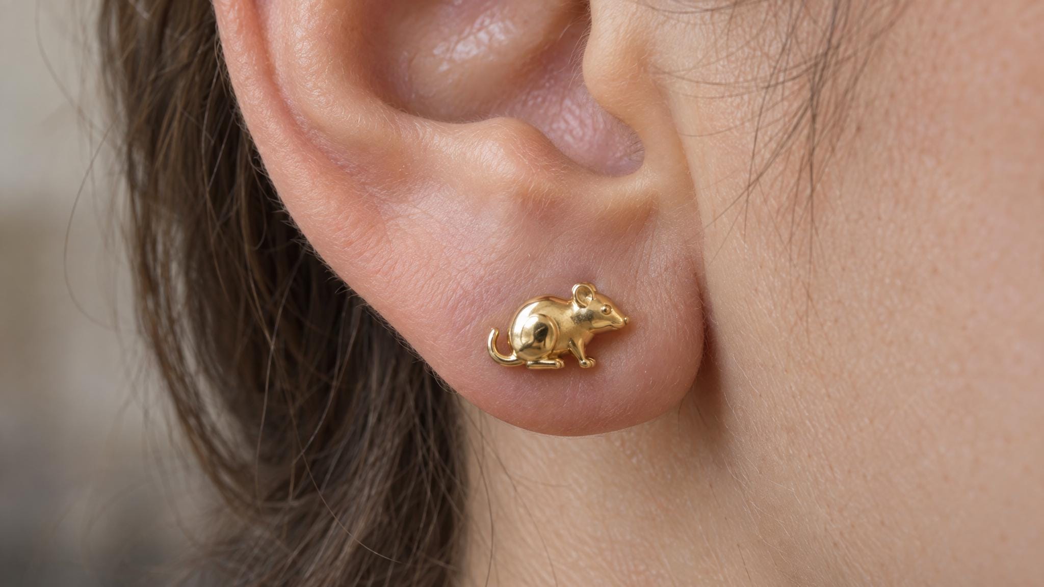 14k Solid Gold Rat Earrings: Rodent Animal Jewelry Studs in Yellow Gold, Rose, White, or Silver