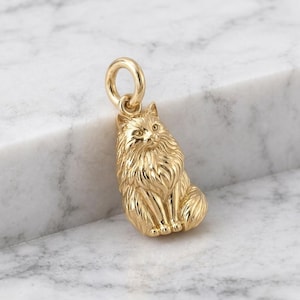 May include: A gold-toned metal pendant shaped like a long-haired cat in a seated position. The charm features detailed engravings to represent the fur texture, pointed ears, and a circular jump ring at the top for attachment to a chain or bracelet.