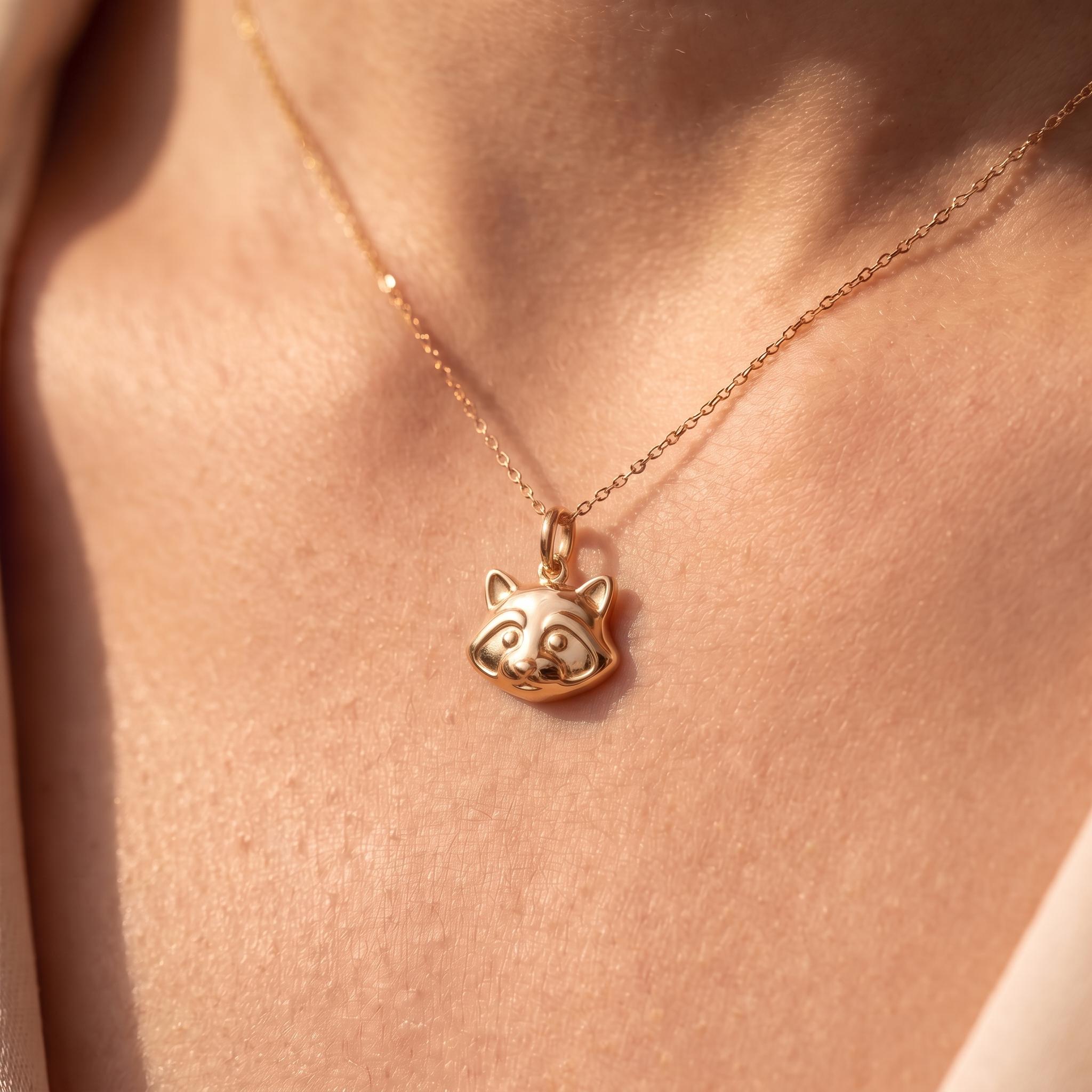 Solid Gold Raccoon Face Charm Pendant in Yellow, Rose, or White Gold