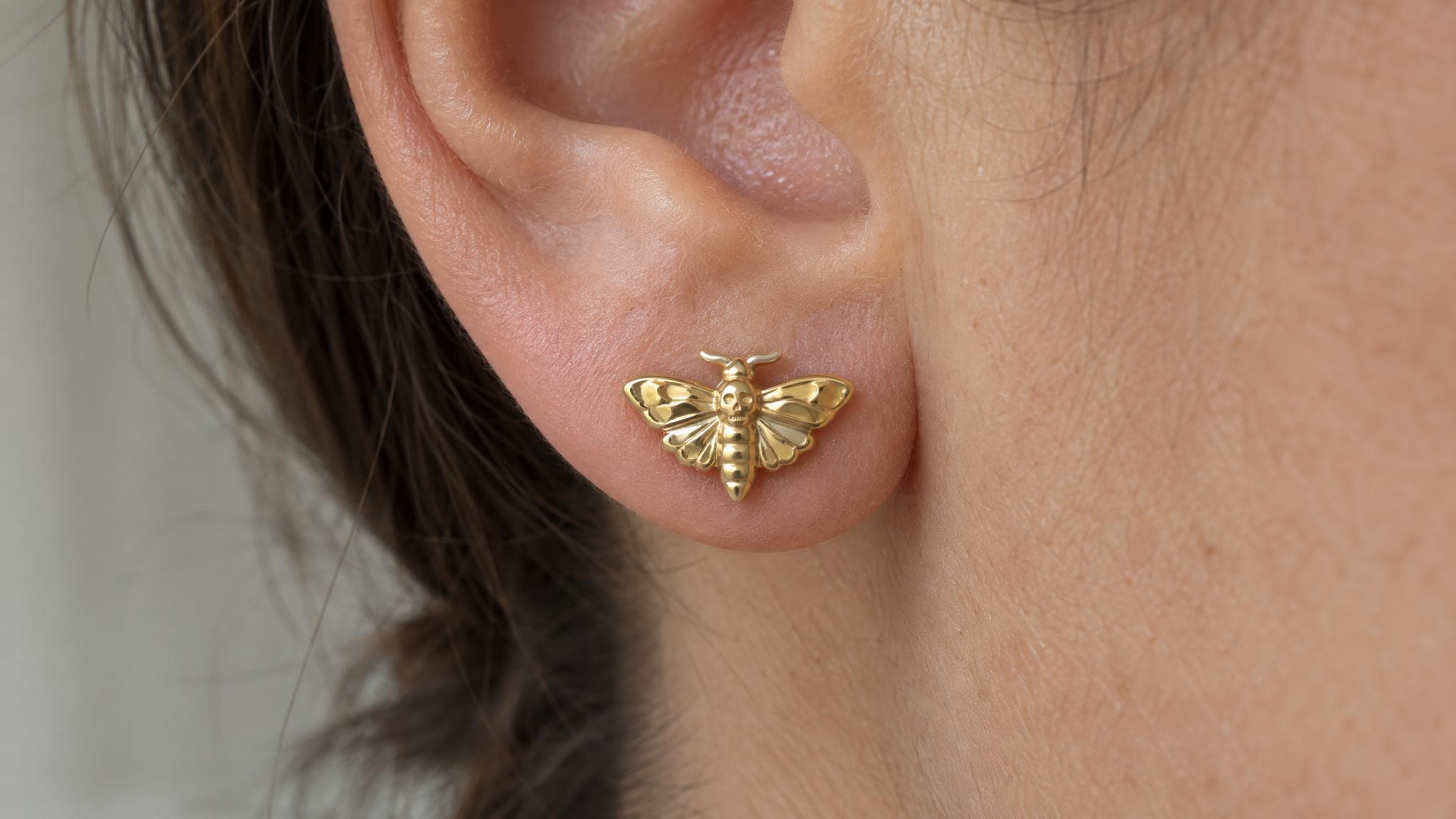 14k Solid Gold Death Head Moth Earrings: Unique Moth Jewelry Studs in Yellow Gold, Rose, White, or Silver
