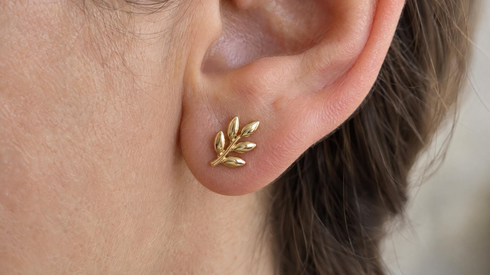 14k Solid Gold Olive Branch Earrings: Peace Symbol Jewelry Studs in Yellow Gold, Rose, White, or Silver