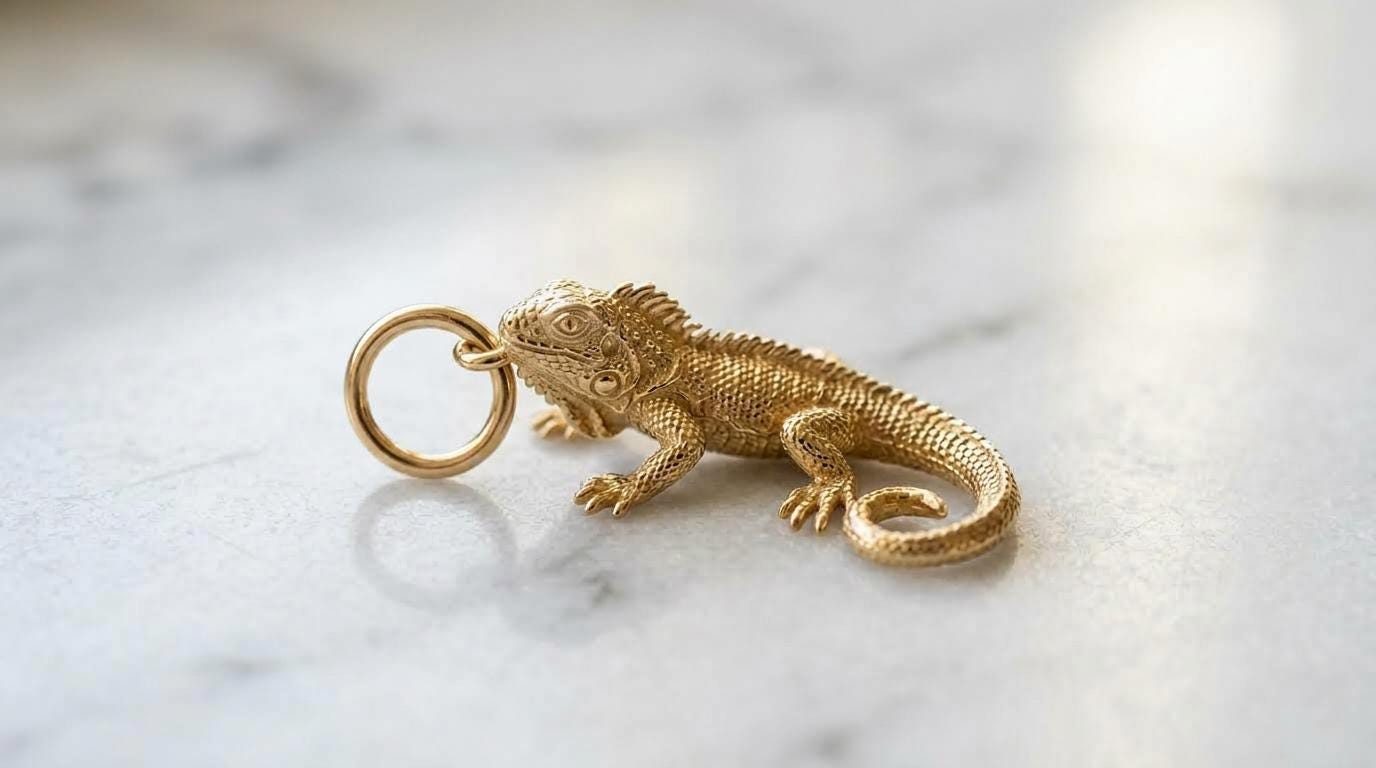 Solid Gold Iguana Bracelet Charm in Yellow, Rose, White Gold or Sterling Silver