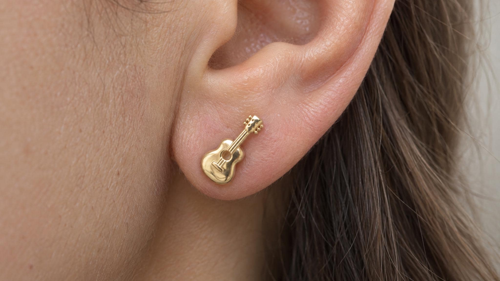 14k Solid Gold Acoustic Guitar Earrings: Musical Instrument Jewelry Studs in Yellow Gold, Rose, White, or Silver
