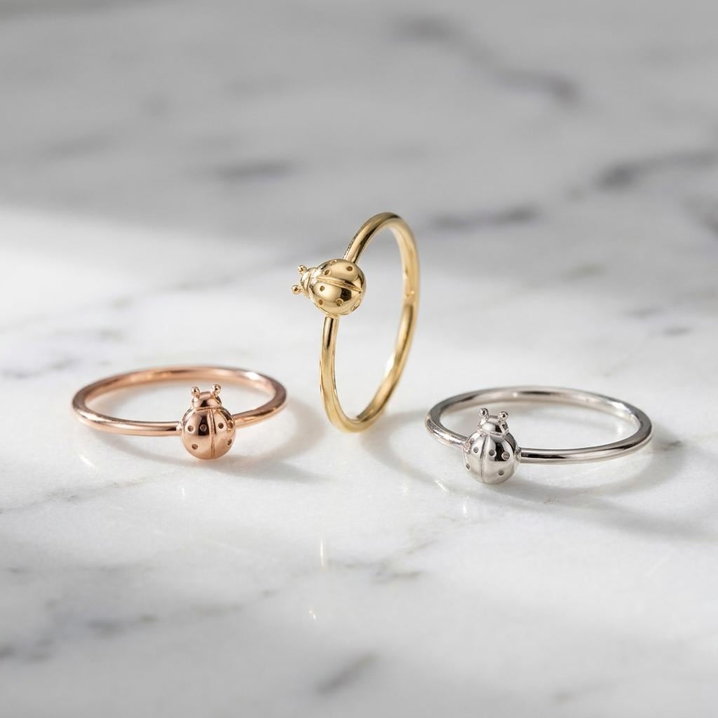 Dainty Solid Gold Ladybug Ring Minimalist Yellow, White, or Rose Gold