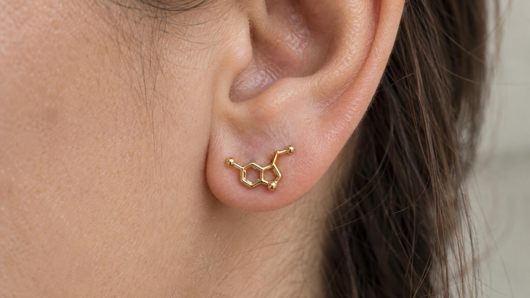 14k Solid Gold Serotonin Molecule Earrings: Science Jewelry Studs in Yellow Gold, Rose, White, or Silver