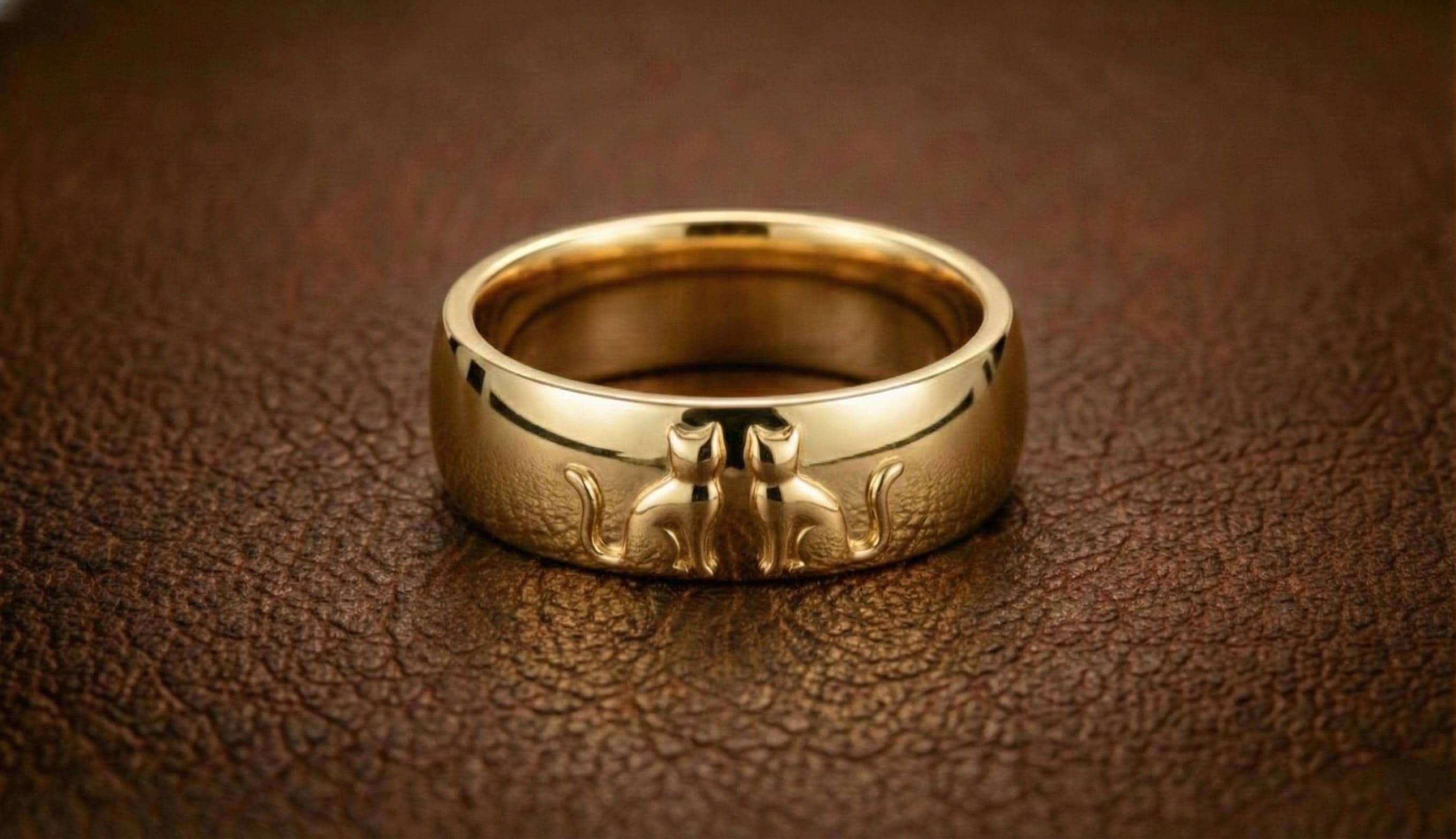 Men's Yellow Gold Cat Ring: Cat Wedding Band in Gold