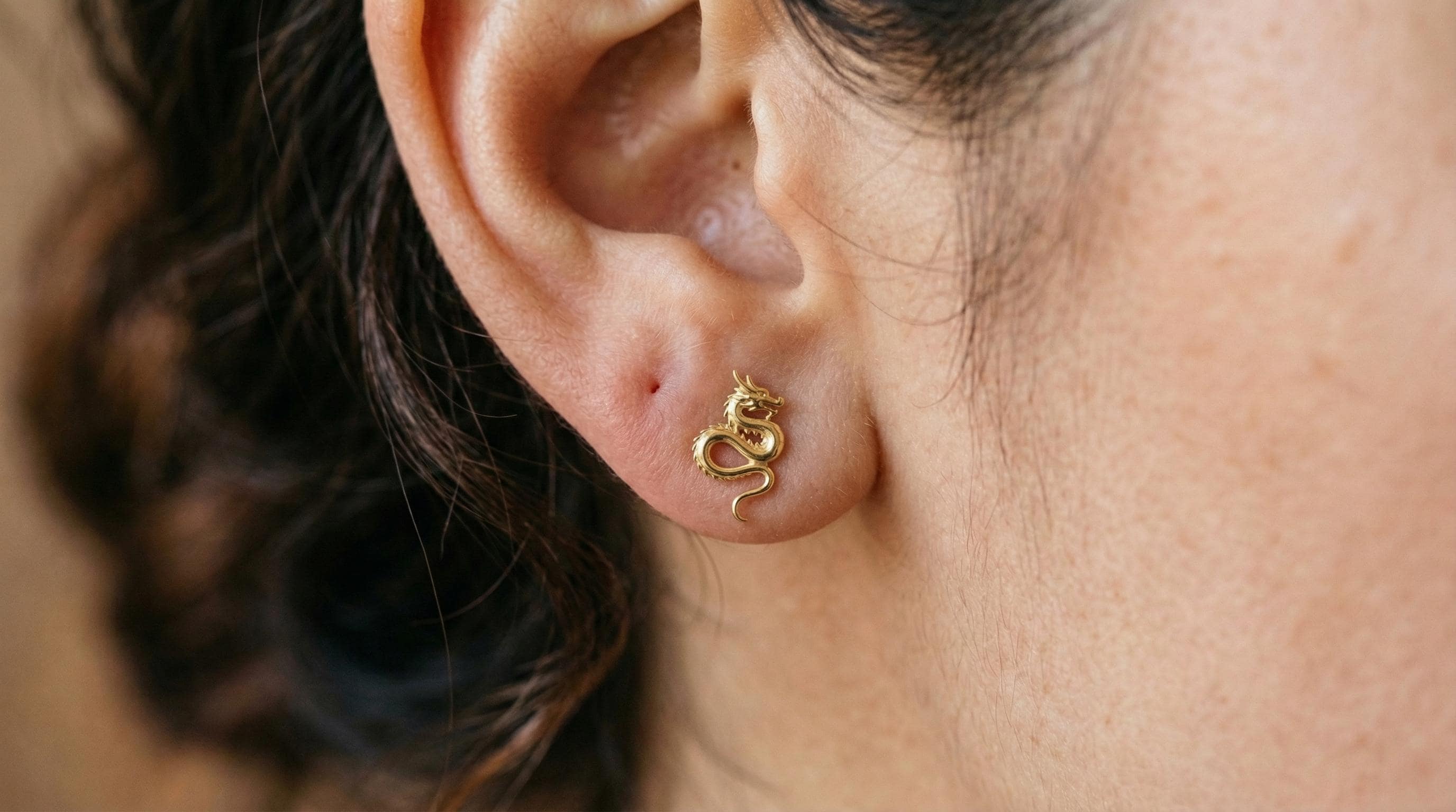 14k Solid Gold Chinese Dragon Earrings: Dragon Jewelry Studs in Yellow, Rose, White, or Silver