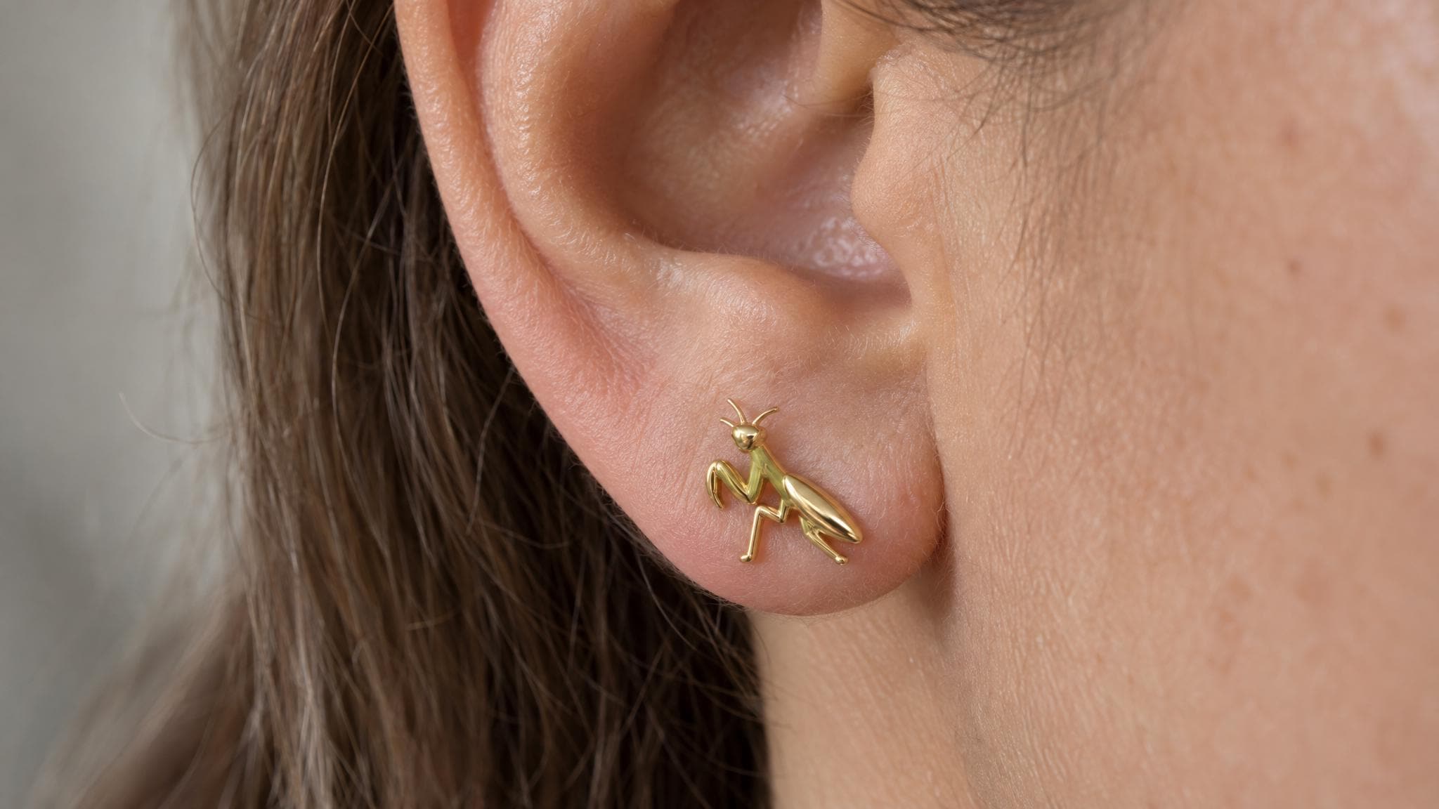 14k Solid Gold Praying Mantis Earrings: Insect Jewelry Studs in Yellow Gold, Rose, White, or Silver