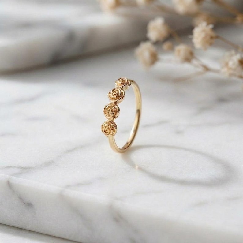 Dainty Minimalist Solid Yellow Gold Rose Ring with Four Roses image 1
