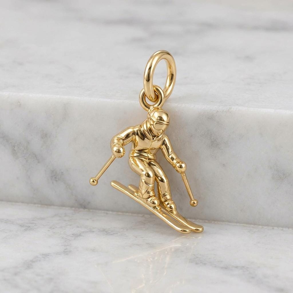 Solid Gold Skiing Bracelet Charm in Yellow, Rose, White Gold or Sterling Silver