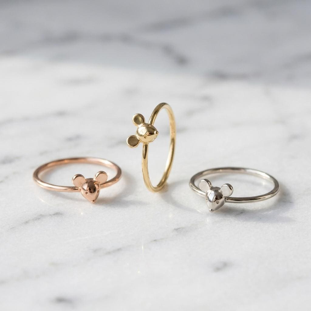 Dainty Solid Yellow Gold Mouse Ring Minimalist Animal Jewelry