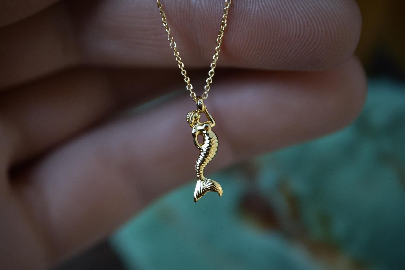 Gold Mermaid Charm Necklace Yellow Gold Ocean Pendant Mermaid Necklace Solid Gold Minimalist Ocean Charm Dainty Mermaid Jewelry