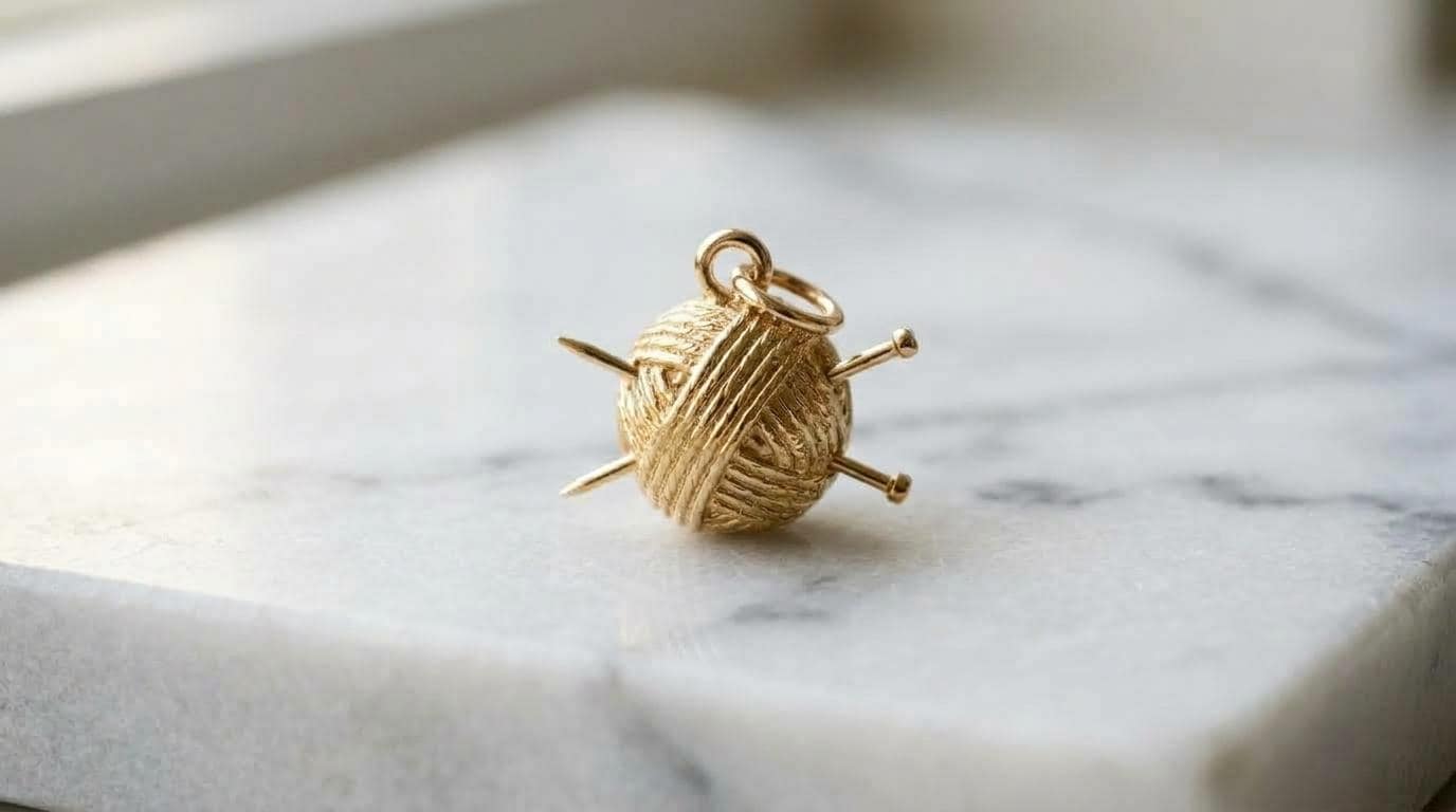 Solid Gold Knitting Bracelet Charm in Yellow, Rose, White Gold or Sterling Silver