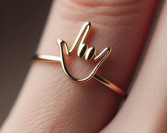 Minimalist I Love You Ring Yellow Gold ASL Ring Sign Language Jewelry Dainty Solid Gold Love Gift Hand Sign Gold White Gold Rose Gold