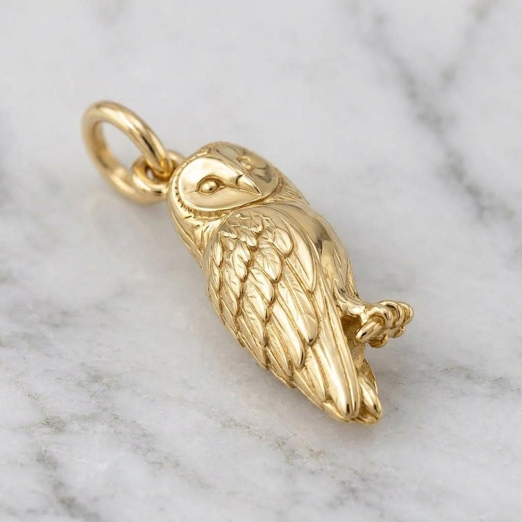 Solid Gold Barn Owl Bracelet Charm in Yellow, Rose, White Gold or Sterling Silver