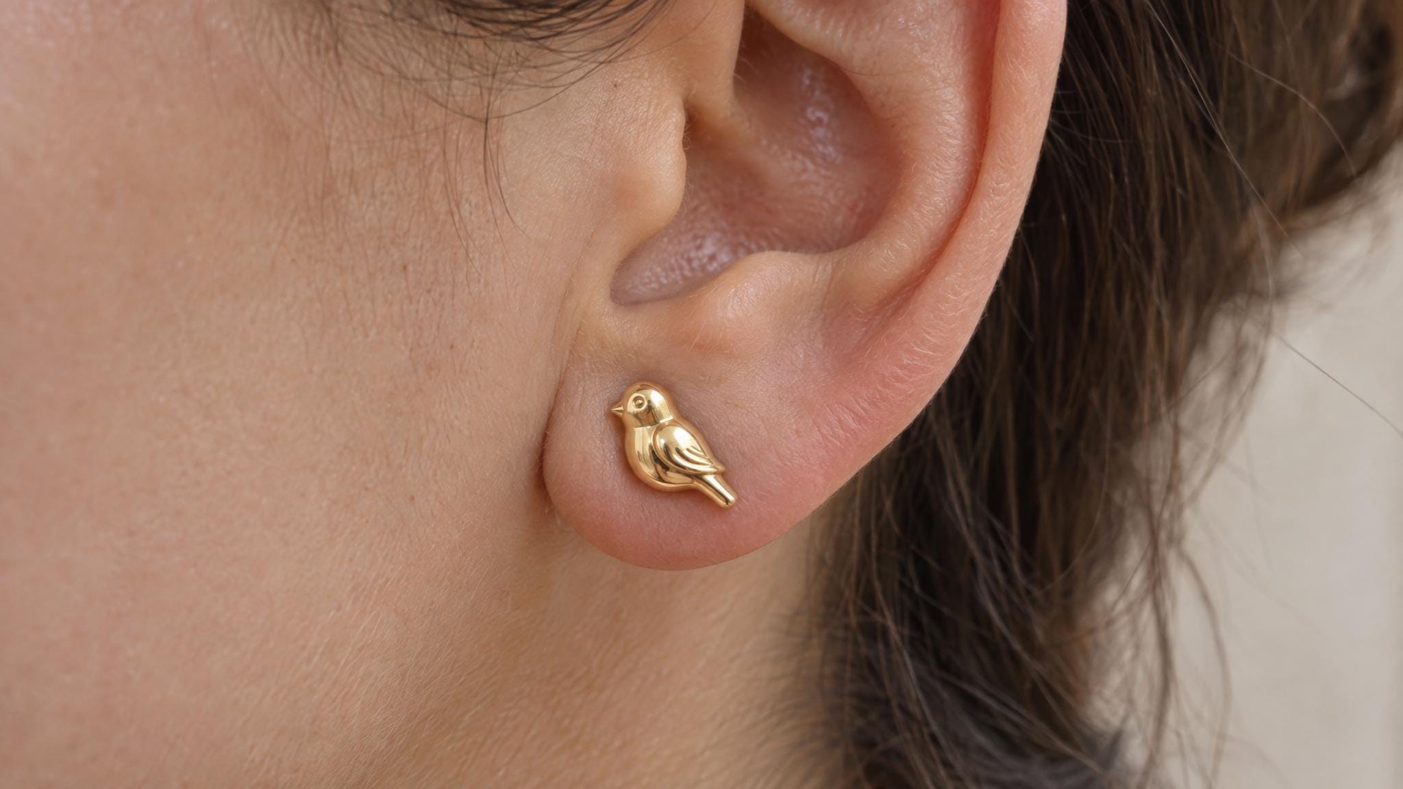 14k Solid Gold Lovebird Earrings: Bird Jewelry Studs in Yellow Gold, Rose, White, or Silver