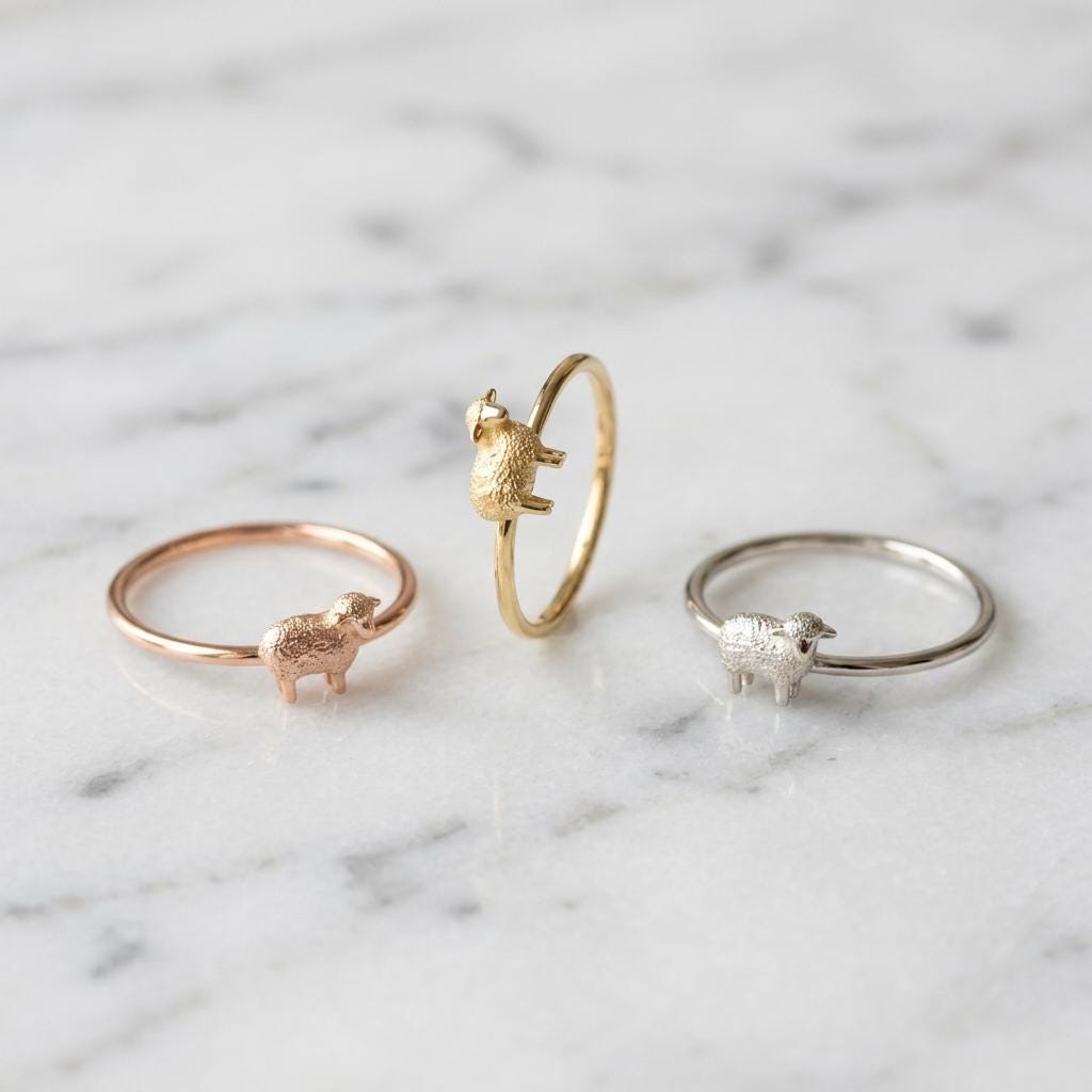 Dainty Solid Yellow Gold Minimalist Sheep Ring Lamb Jewelry