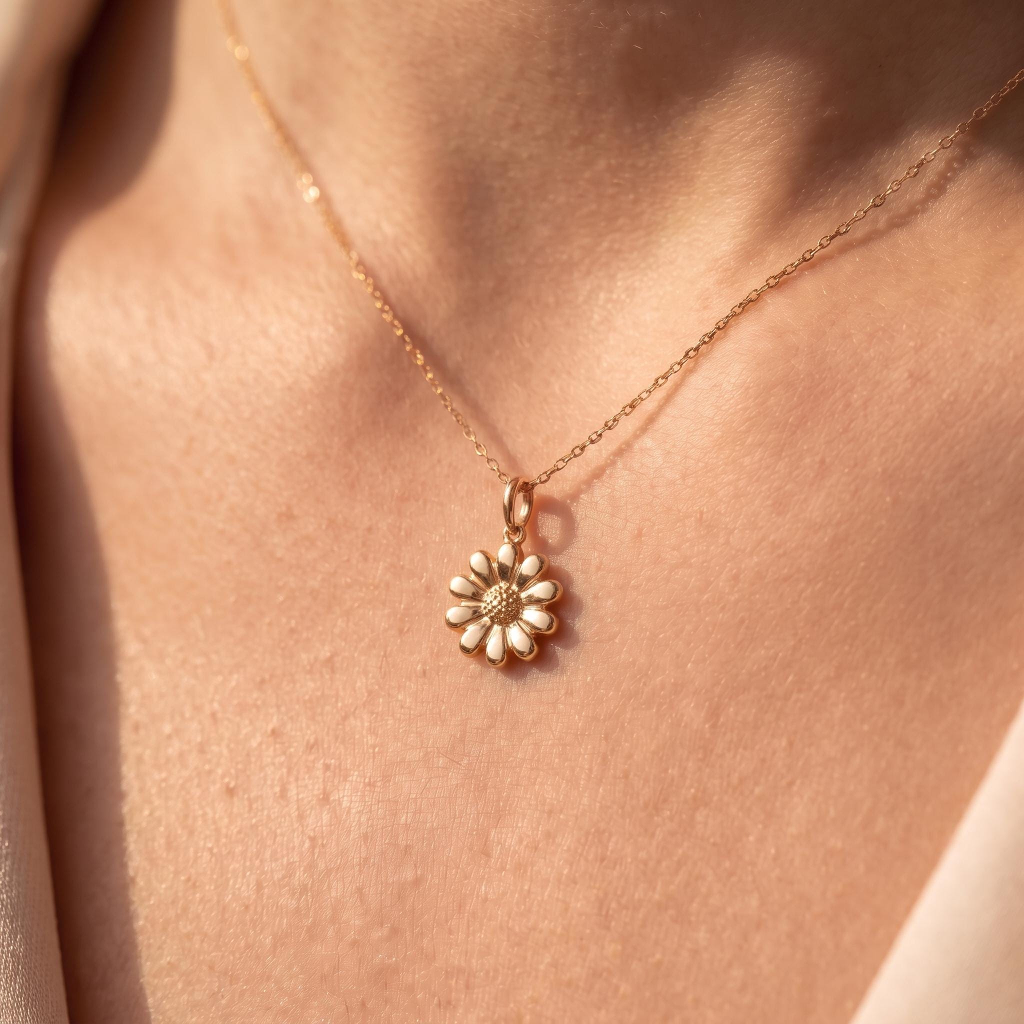 Solid Gold Daisy Charm Pendant in Yellow, Rose, or White Gold