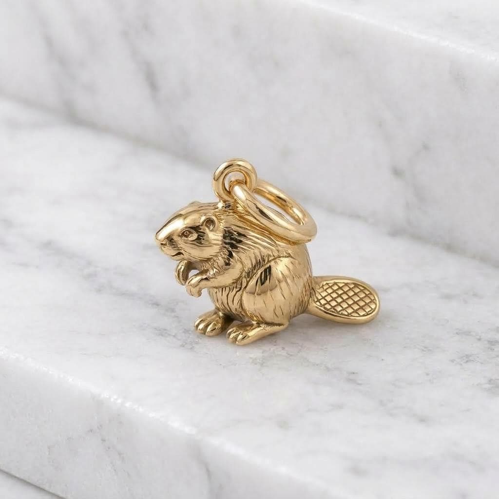 Solid Gold Beaver Bracelet Charm in Yellow, Rose, White Gold or Sterling Silver