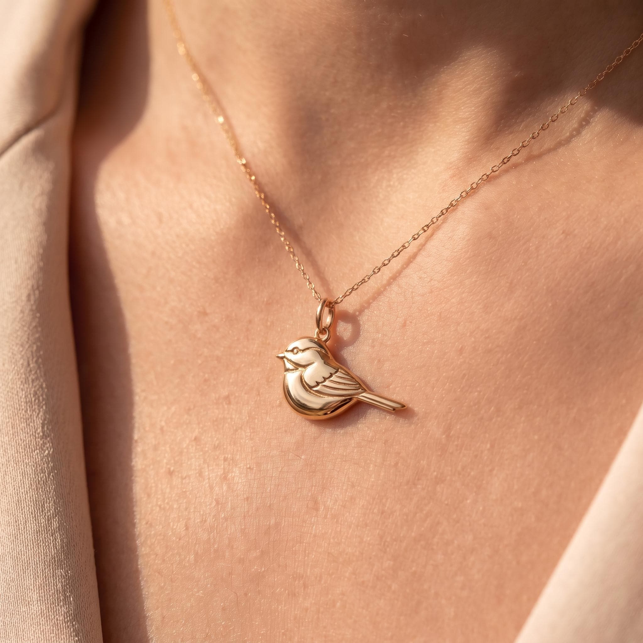 Solid Gold Chickadee Charm Pendant in Yellow, Rose, or White Gold