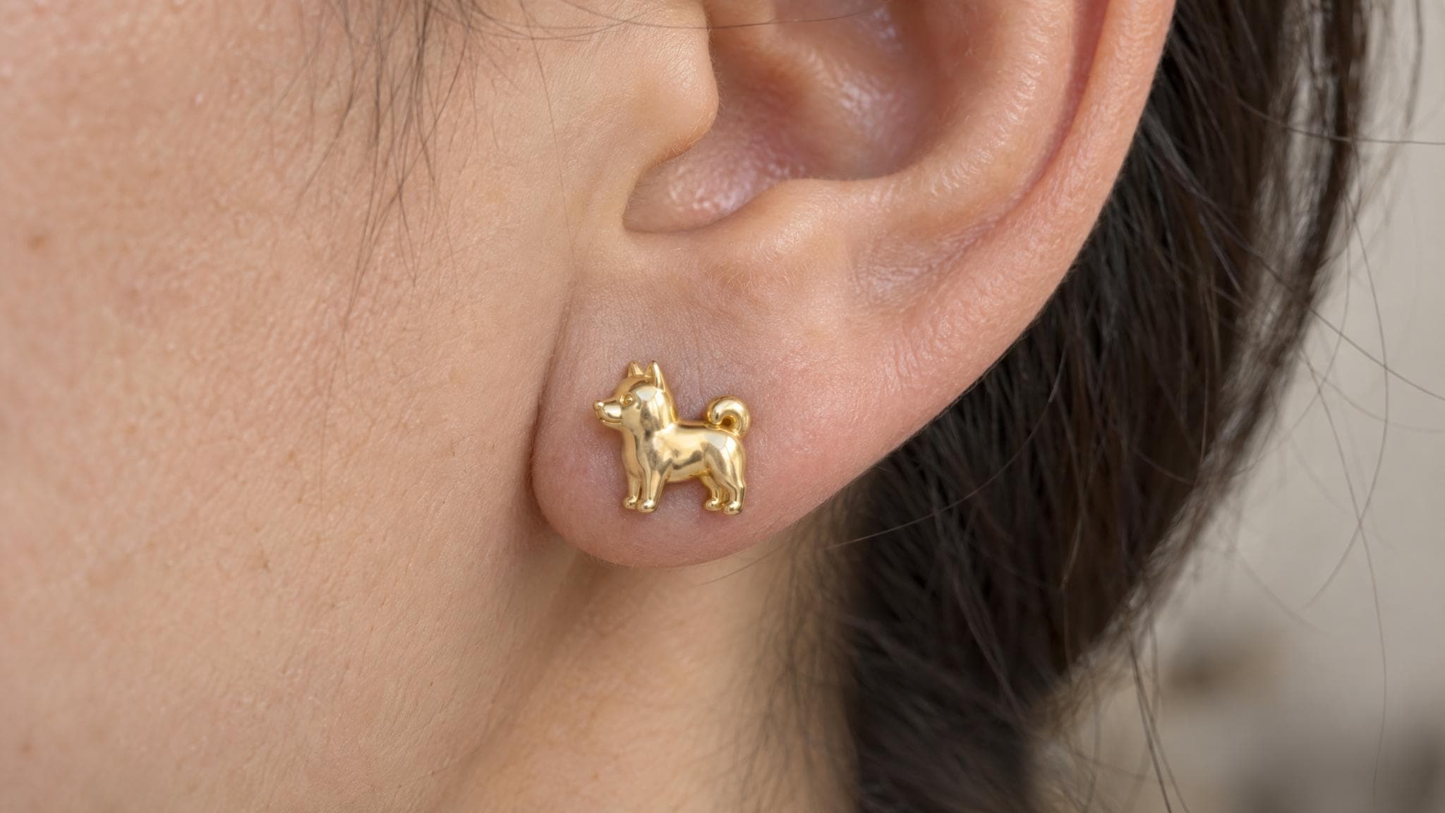 14k Solid Gold Shiba Inu Earrings: Japanese Dog Jewelry Studs in Yellow Gold, Rose, White, or Silver