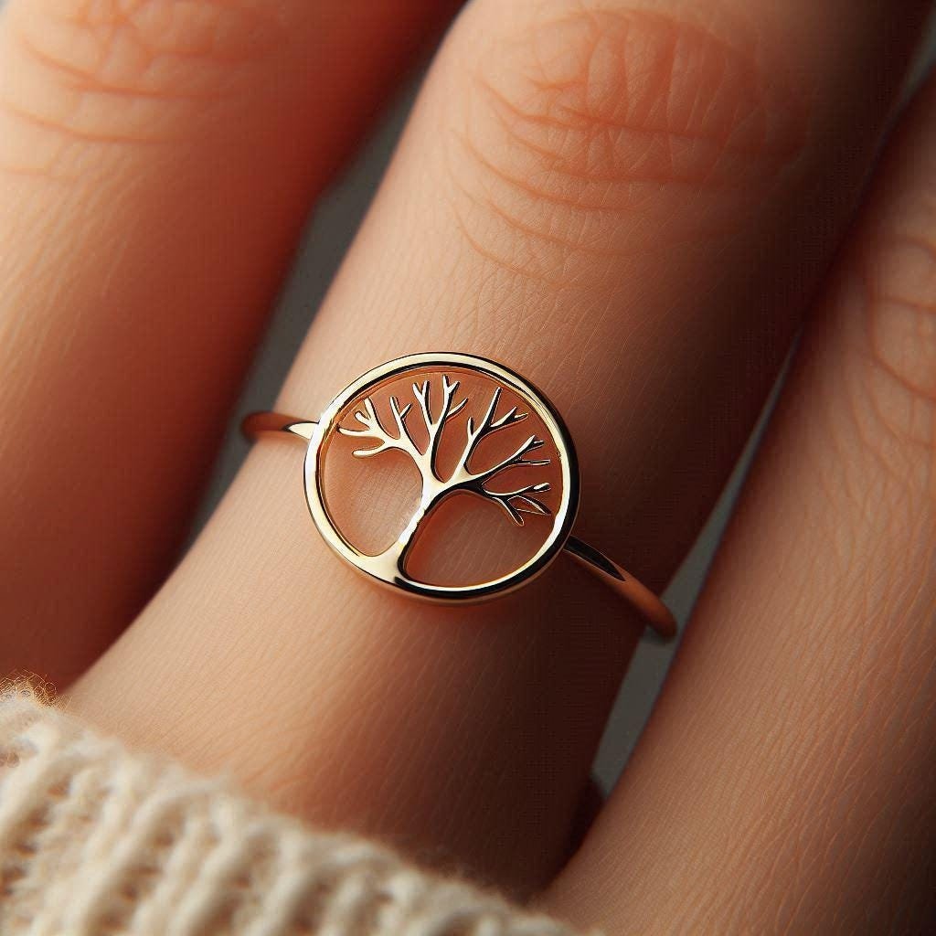 Minimalist Tree Ring Yellow Gold Tree Ring Nature Ring Tree Jewelry Dainty Solid Gold Tree Gift Nature Gold White Gold Rose Gold