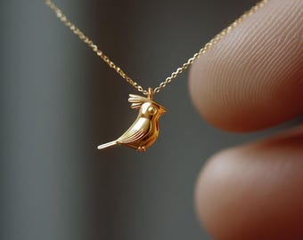 Collar con dije de cardenal de oro amarillo, colgante de pájaro de oro macizo, dije de pájaro minimalista, joyería delicada de cardenal.