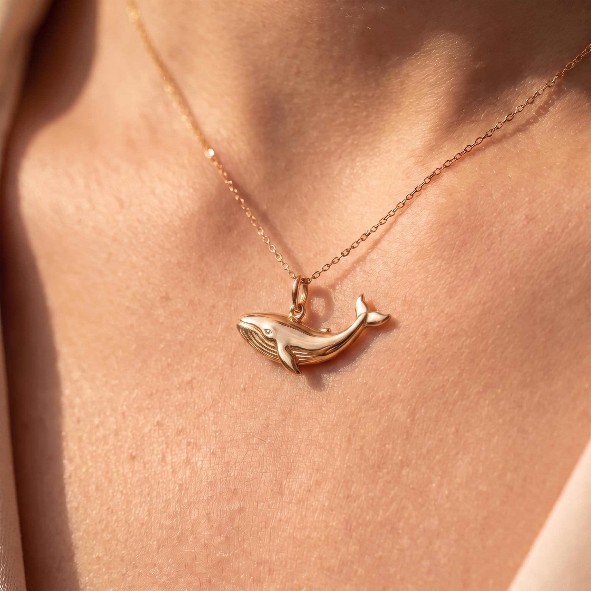 Solid Gold Whale Charm Necklace, Dainty Minimalist Ocean Pendant