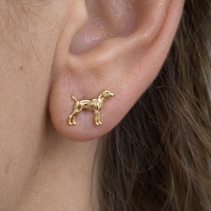 Könnte beinhalten: Ein kleiner goldfarbener Ohrstecker in Form eines stehenden Hundes. Das metallische Schmuckstück hat eine polierte Oberfläche und ist für das Ohrläppchen konzipiert, wobei die Silhouette eines Hundes mit vier Beinen und einem Schwanz zu sehen ist.