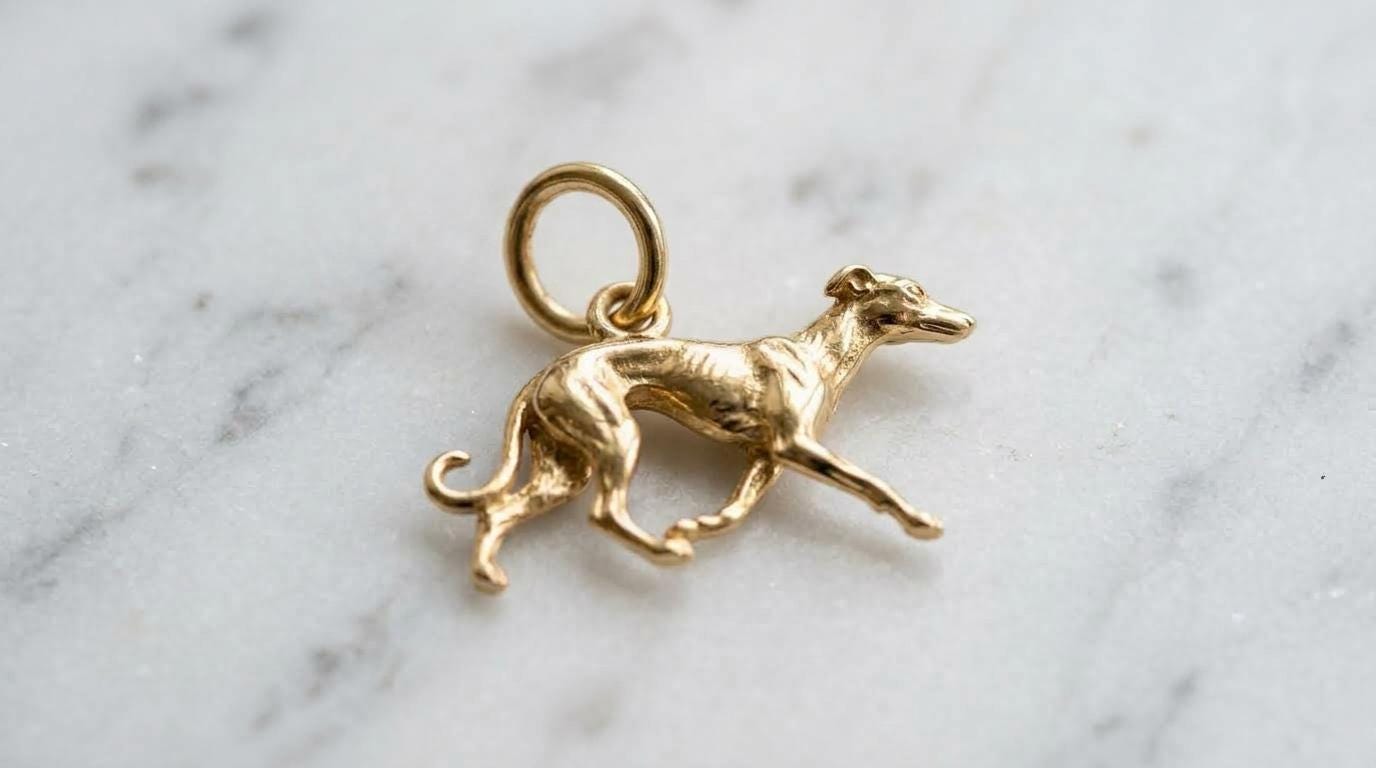 Solid Gold Greyhound Bracelet Charm in Yellow, Rose, White Gold or Sterling Silver