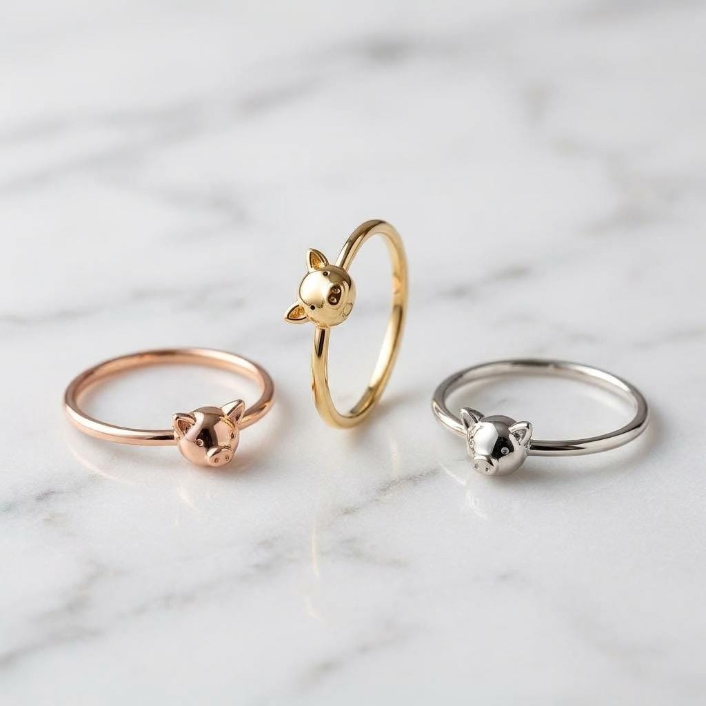 Dainty Solid Yellow Gold Minimalist Pig Ring