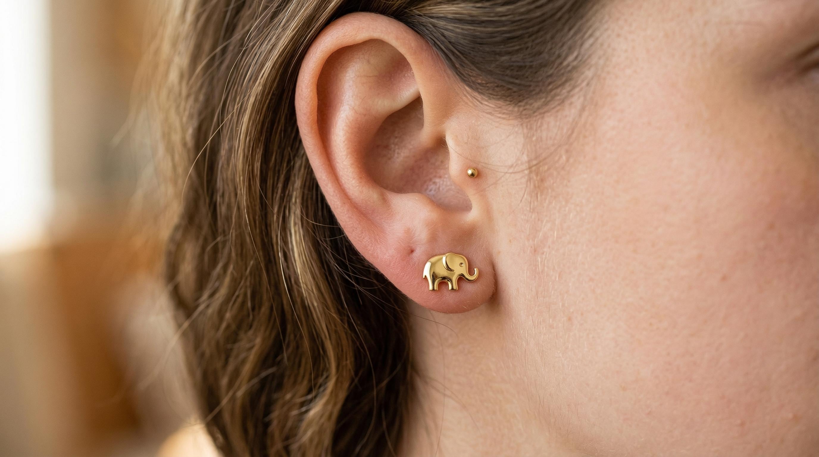 14k Solid Gold Elephant Earrings: Elephant Jewelry Studs in Yellow Gold, Rose, White, or Silver