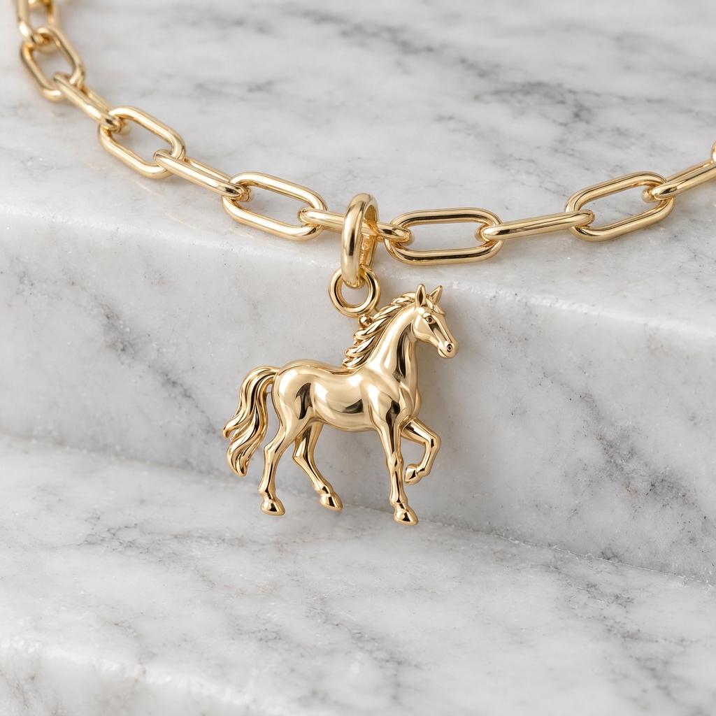 Solid Gold Horse Bracelet Charm in Yellow, Rose, White Gold or Sterling Silver