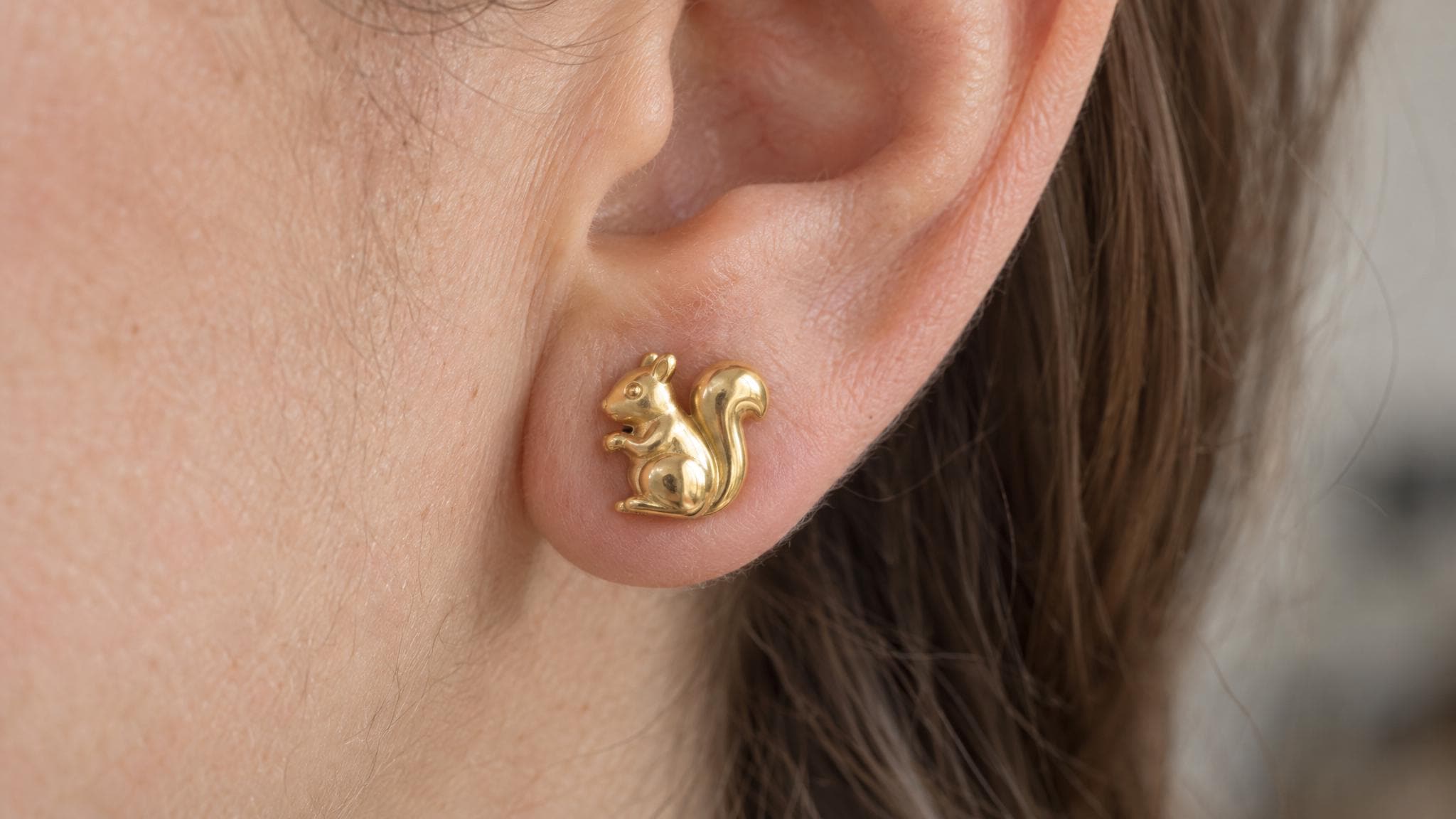 14k Solid Gold Squirrel Earrings: Woodland Animal Jewelry Studs in Yellow Gold, Rose, White, or Silver