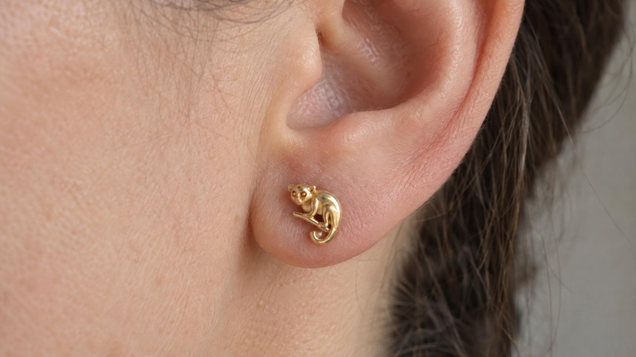 14k Solid Gold Slender Loris Earrings: Primate Jewelry Studs in Yellow Gold, Rose, White, or Silver