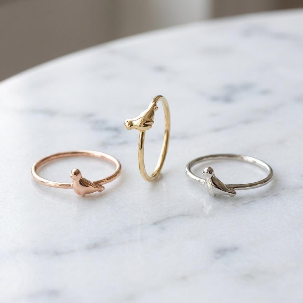 Dainty Solid Yellow Gold Minimalist Seal Ring - Animal Jewelry