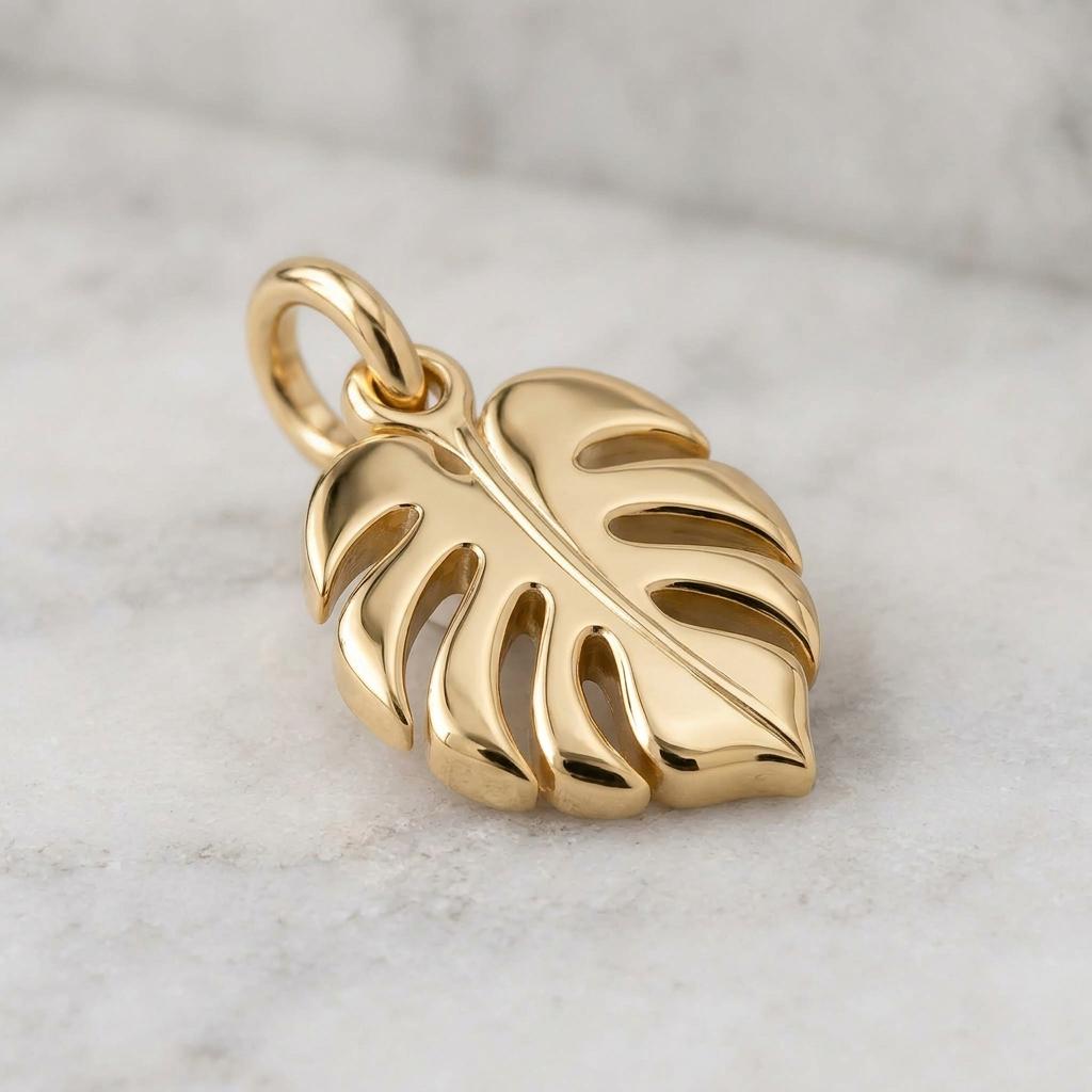 Solid Gold Monstera Leaf Bracelet Charm in Yellow, Rose, White Gold or Sterling Silver