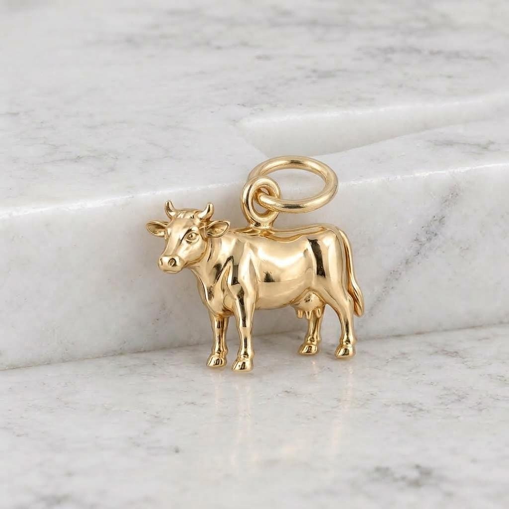 Solid Gold Cow Bracelet Charm in Yellow, Rose, White Gold or Sterling Silver
