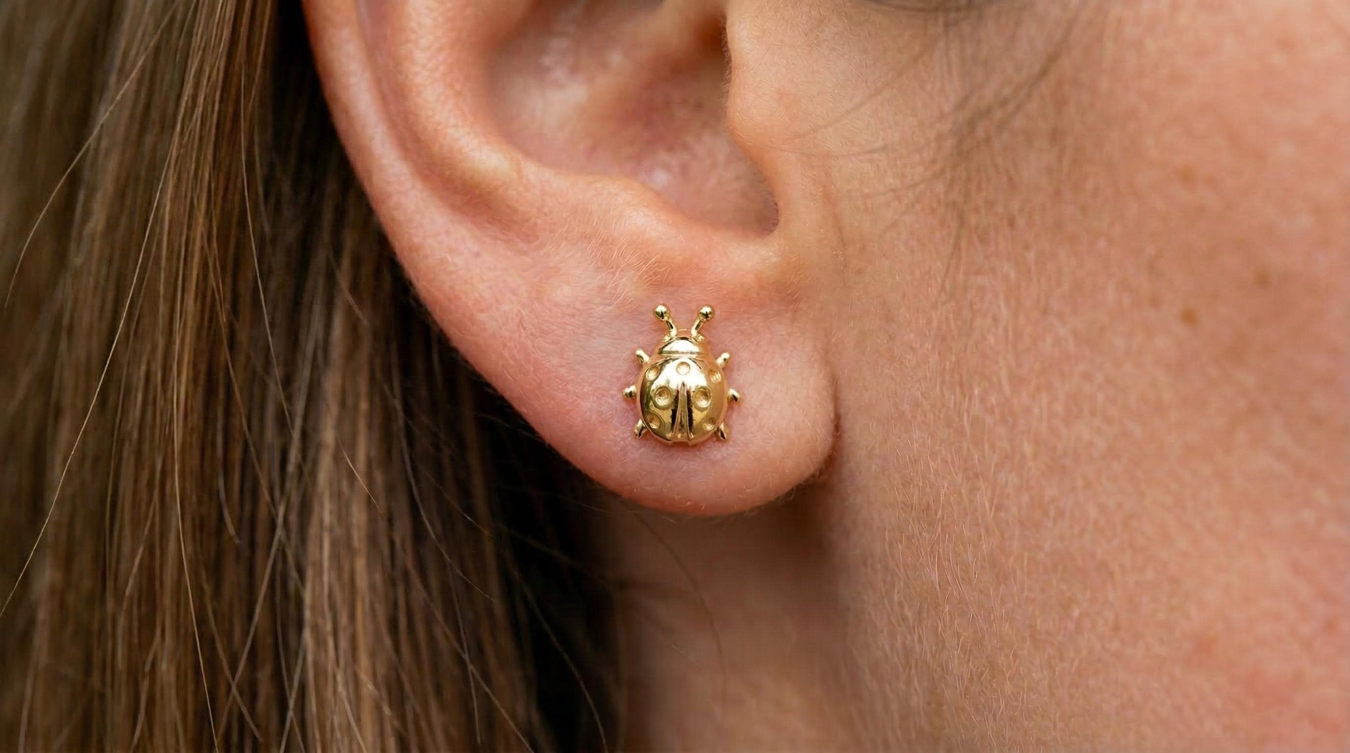 14k Solid Gold Ladybug Earrings: Lady Bug Studs in Yellow Gold, Rose, White, Silver