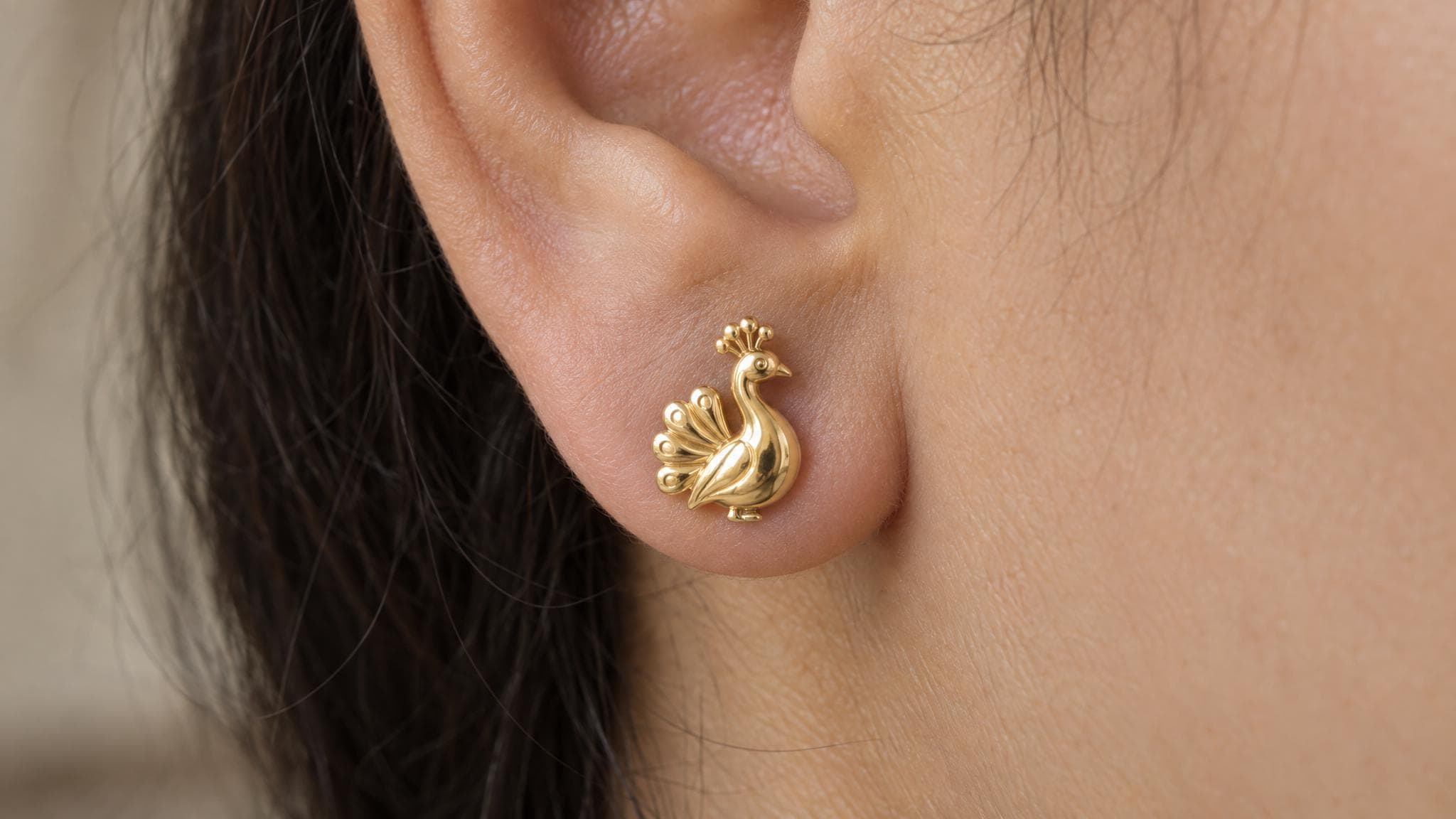14k Solid Gold Peacock Feather Earrings: Elegant Bird Jewelry Studs in Yellow Gold, Rose, White, or Silver
