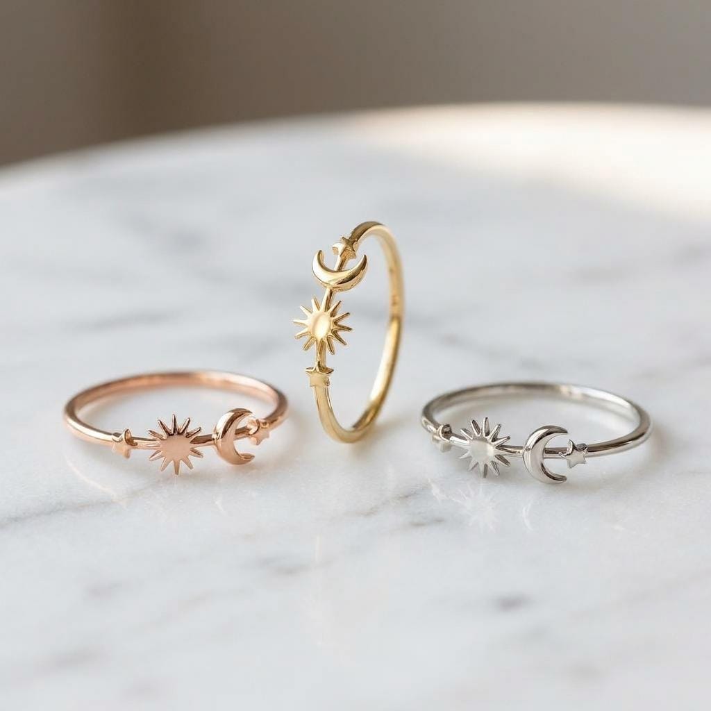 Solid Yellow Gold Sun Moon and Stars Astrology Ring Minimalist Dainty Band