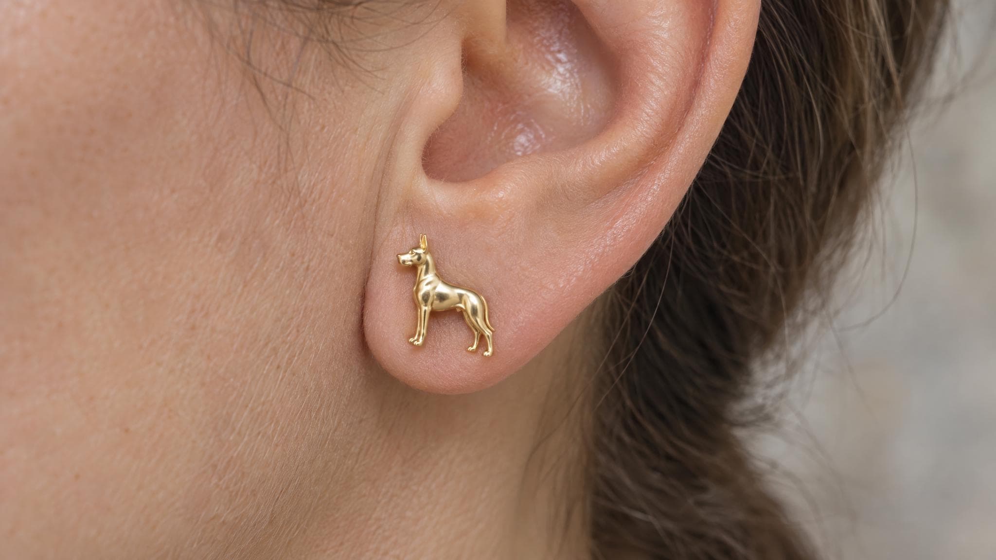 14k Solid Gold Great Dane Earrings: Great Dane Dog Jewelry Studs in Yellow Gold, Rose, White, or Silver