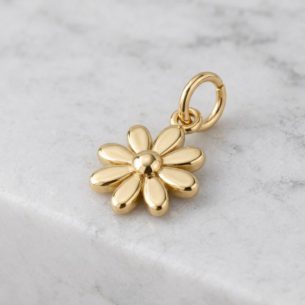 Solid Gold Daisy Bracelet Charm in Yellow, Rose, White Gold or Sterling Silver