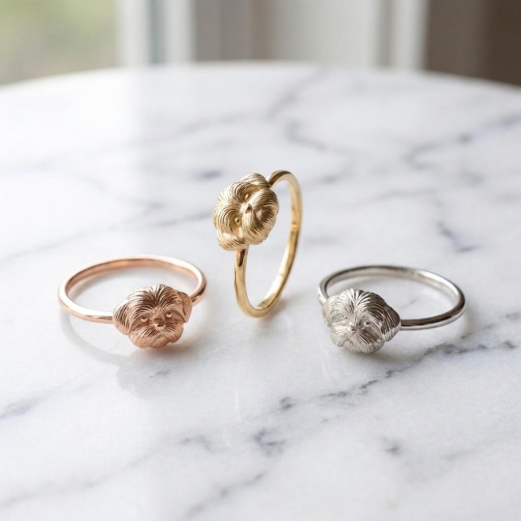 Dainty Solid Yellow Gold Shih Tzu Ring Minimalist Dog Jewelry